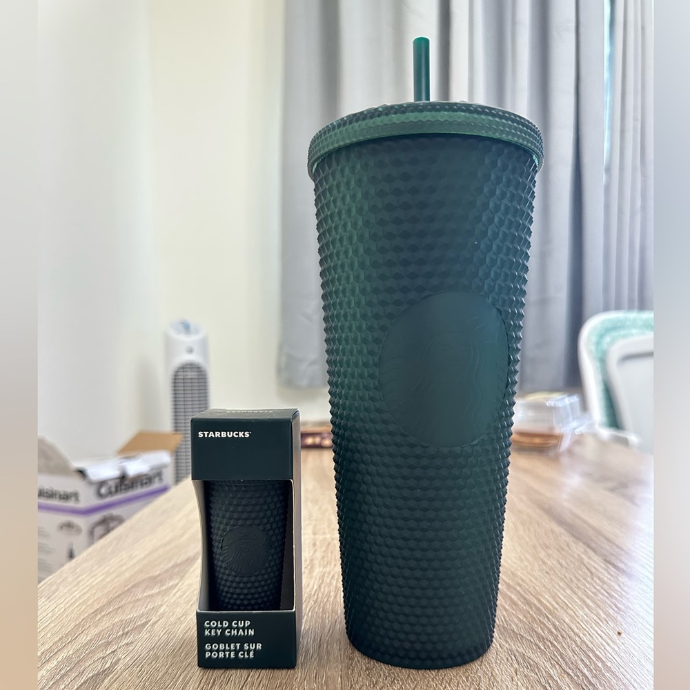 Starbucks Matte Dark Green Venti Studded Tumbler and Matching Cold Cup Keychain